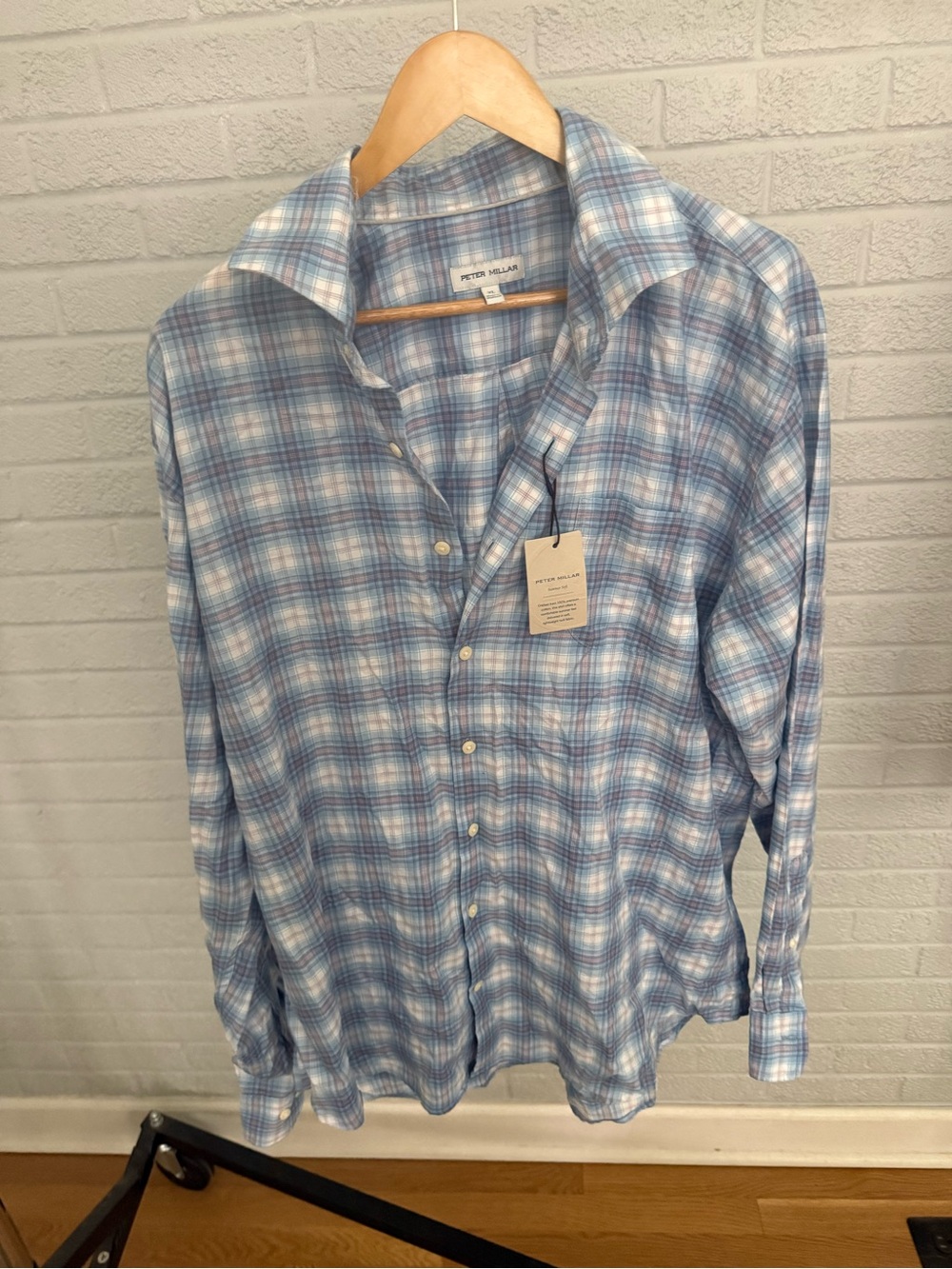 Peter Millar Light Blue and White Plaid Casual Button-Down Shirt